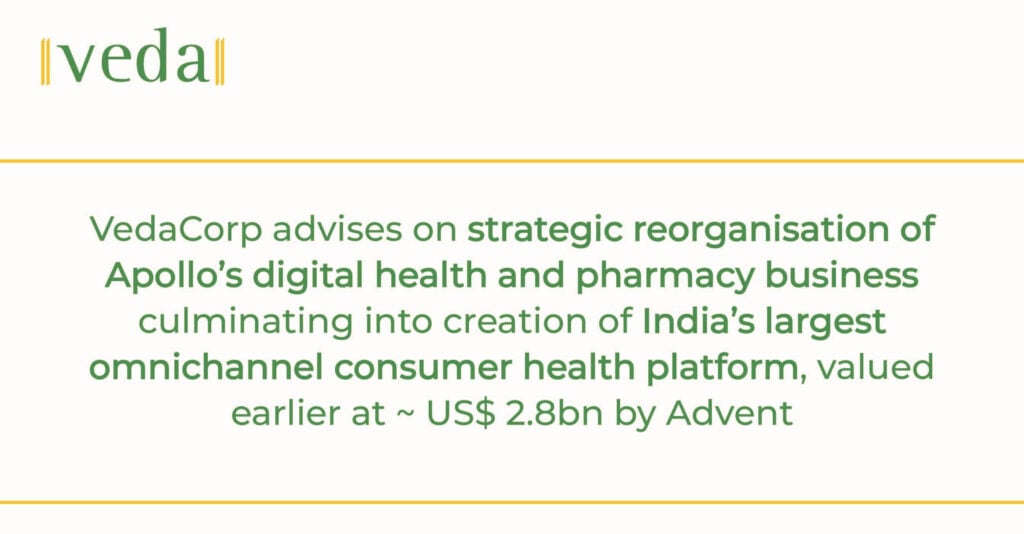 VedaCorp advises on strategic reorganisation of Apollo’s digital health and pharmacy business culminating into creation of India’s largest omnichannel consumer health platform, valued earlier at ~ US$ 2.8bn by Advent